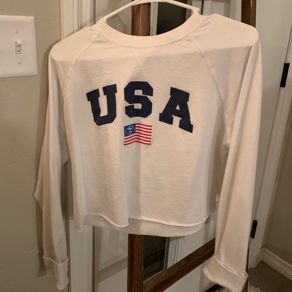 USA crop white long sleeve/crewneck sweater